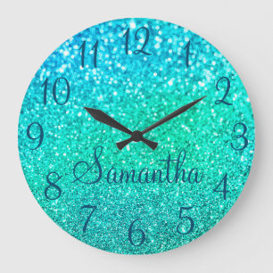 Your Photo with Ocean Blue Numbers and Name Large Clock