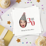 Your Photo with Party Hat Fun 30th Birthday Napkin<br><div class="desc">A uniquely fun and whimsical birthday party napkin featuring a photo of the birthday celebrant wearing a black and white striped party hat with red streaming ribbons. To personalize this invitation with your photo, be sure to closely crop your face in a square and load in place of the sample...</div>