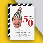 Your Photo with Party Hat Fun 50th Birthday Invitation<br><div class="desc">A uniquely fun and whimsical birthday party invitation featuring a photo of the birthday celebrant wearing a black and white striped party hat with red streaming ribbons. To personalize this invitation with your photo, be sure to closely crop your face in a square and load in place of the sample...</div>