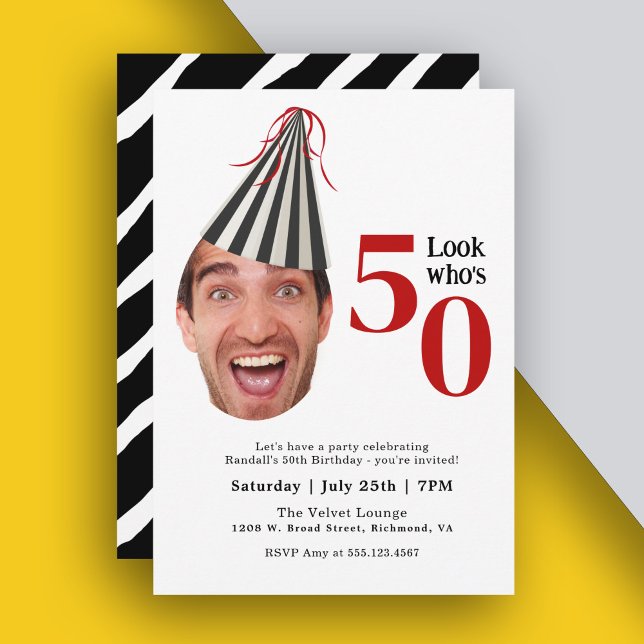 Your Photo with Party Hat Fun 50th Birthday Invitation (Personalize this fun 50th birthday party invite with your photo and party details.)