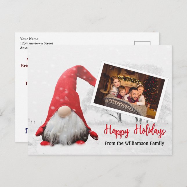 Your Photo With Snowy Gnome Happy Holidays Postcard (Front/Back)