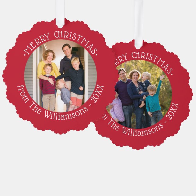 Your Photos and Name Red Border Christmas Ornament Card (Front/Back)