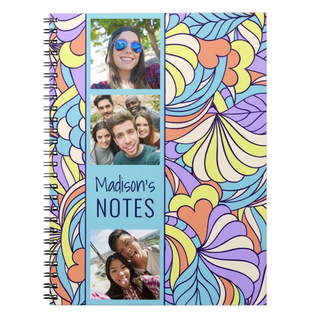 YOUR photos custom name Colorful Doodles notebook (Front)