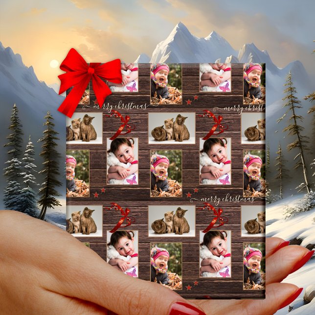 Your Photos Dark Wood Festive Christmas Wrapping Paper (Christmas wrapping paper with your 3 photos on dark rustic wood with festive ribbons and stars)