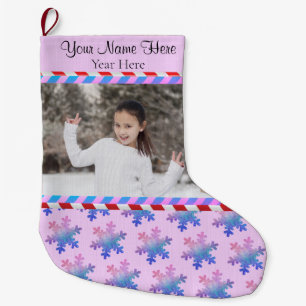 Your Pic/Text Pink Blue Stripes Glitter Snowflake Large Christmas Stocking