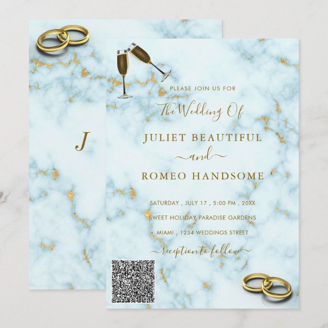 Your QR Code Gold White Marble Wedding Invitation (Front/Back)