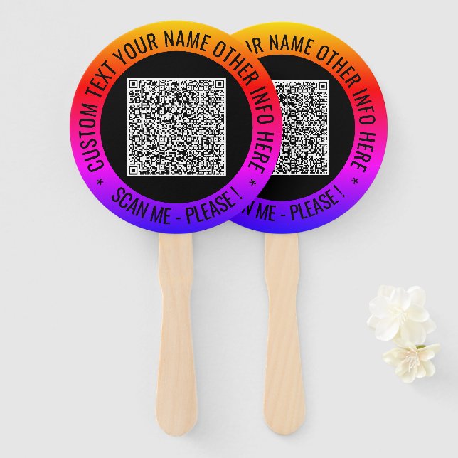 Your QR Code Scan Info and Custom Text Hand Fan (Front and Back)