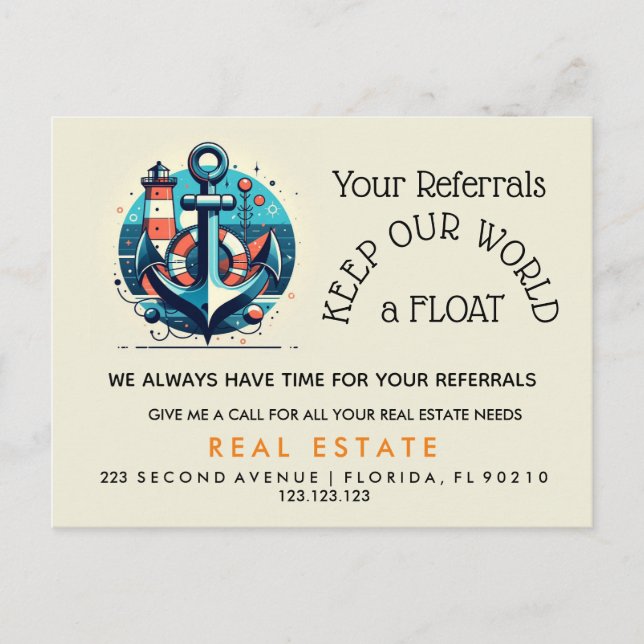 Your Referrals Keep Our World aFLOAT" – Anchor  Announcement Postcard (Front)