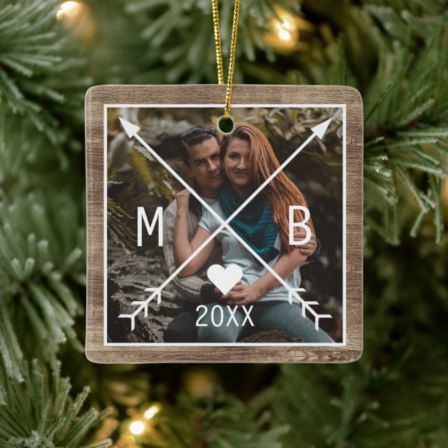Your Rustic Elegant Monogrammed Love Heart Arrows Ceramic Ornament (Tree)