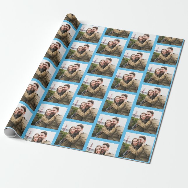 Your Single Photo Pattern on Blue Personalized Wrapping Paper (Unrolled)