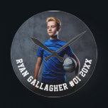 Your Sports Photo | Personalized Round Clock<br><div class="desc">Custom round clock featuring your sports photo with personalized name, player number, and team name, school, city, year, or message in bold collegiate typography. Suitable for any photo, colour, all ages, any sport. Test it out to see how it looks! To make further edits, enter the design tool, if needed....</div>