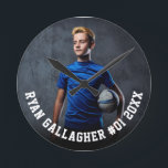 Your Sports Photo | Personalized Round Clock<br><div class="desc">Custom round clock featuring your sports photo with personalized name, player number, and team name, school, city, year, or message in bold collegiate typography. Suitable for any photo, colour, all ages, any sport. Test it out to see how it looks! To make further edits, enter the design tool, if needed....</div>