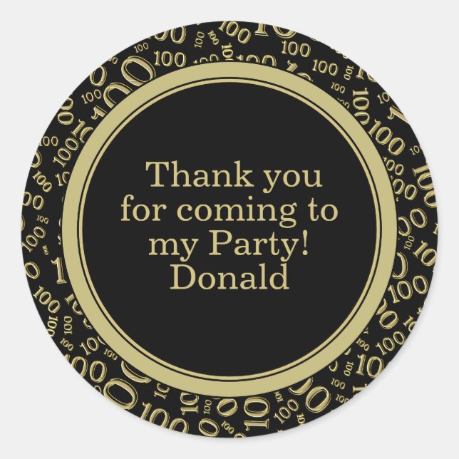  Your Text 100th Random Number Pattern Black/Gold Classic Round Sticker (Front)