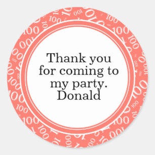 Your Text 100th Random Number Pattern Coral/White Classic Round Sticker