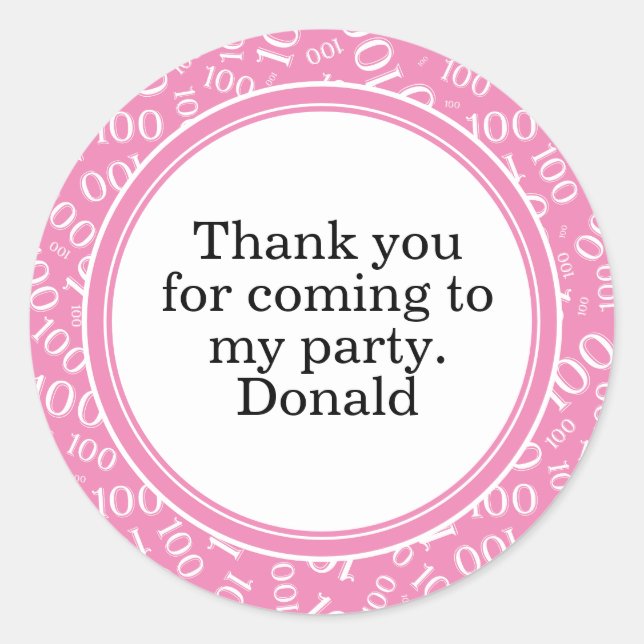 Your Text 100th Random Number Pattern Pink/White Classic Round Sticker (Front)