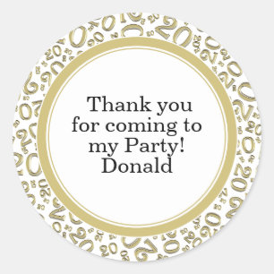 Your Text 20th Random Number Pattern Gold/White Classic Round Sticker