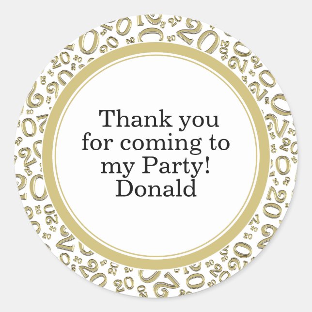  Your Text 20th Random Number Pattern Gold/White Classic Round Sticker (Front)