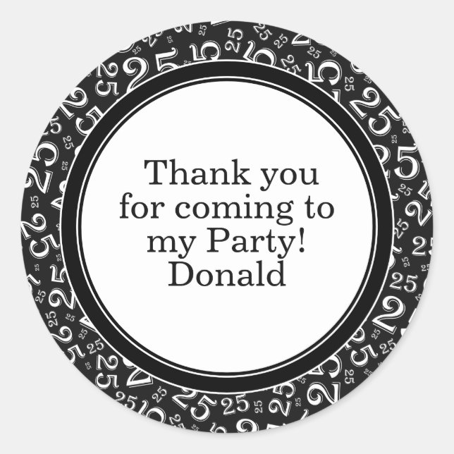  Your Text 25th Random Number Pattern Black/White Classic Round Sticker (Front)