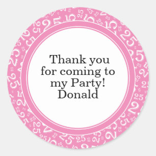 Your Text 25th Random Number Pattern Pink/White Classic Round Sticker