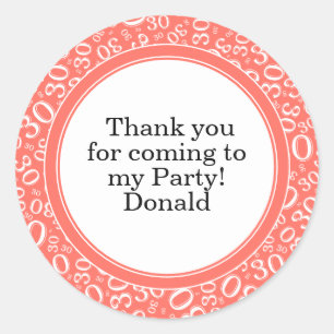  Your Text 30th Random Number Pattern Coral/White Classic Round Sticker