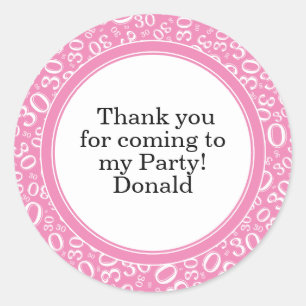 Your Text 30th Random Number Pattern Pink/White Classic Round Sticker