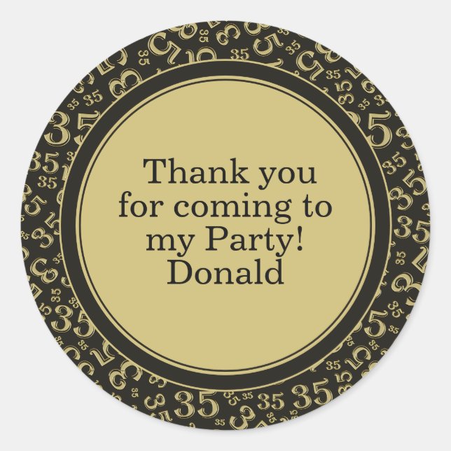  Your Text 35th Random Number Pattern Black/Gold Classic Round Sticker (Front)