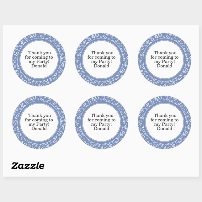  Your Text 40th Random Number Pattern Blue/White Classic Round Sticker (Sheet)