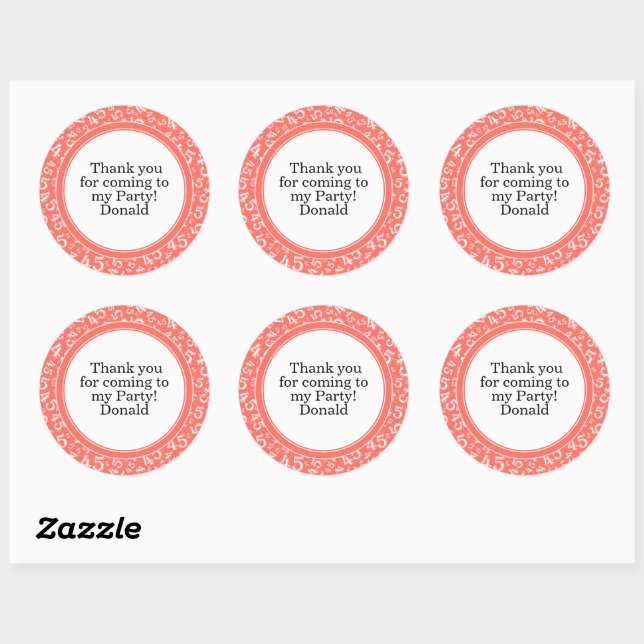  Your Text 45th Random Number Pattern Coral/White Classic Round Sticker (Sheet)