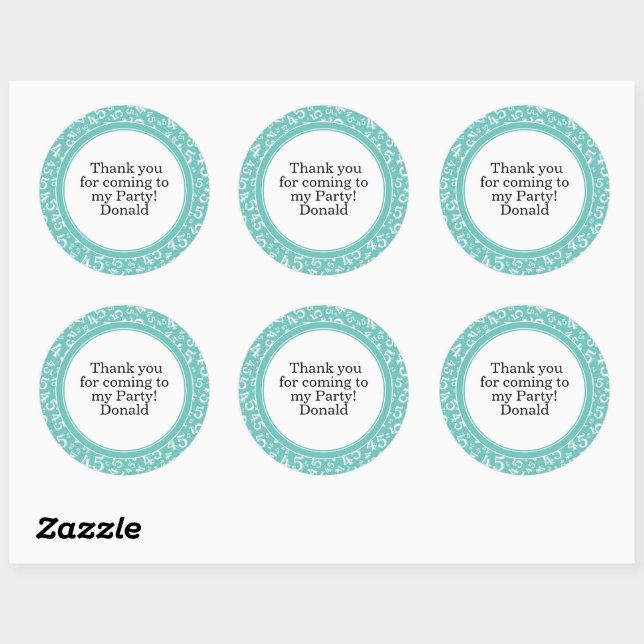  Your Text 45th Random Number Pattern Teal/White Classic Round Sticker (Sheet)