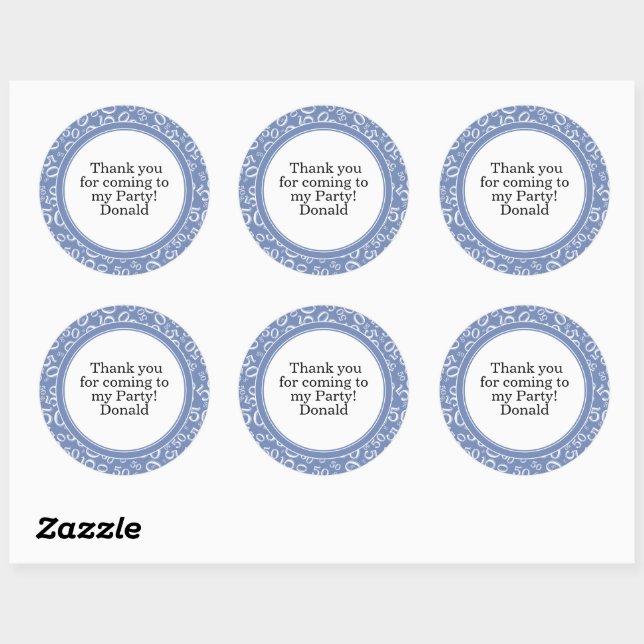  Your Text 50th Random Number Pattern Blue/White Classic Round Sticker (Sheet)