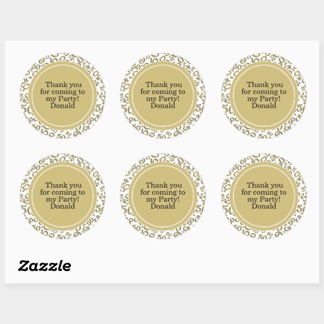  Your Text 50th Random Number Pattern Gold/White Classic Round Sticker (Sheet)