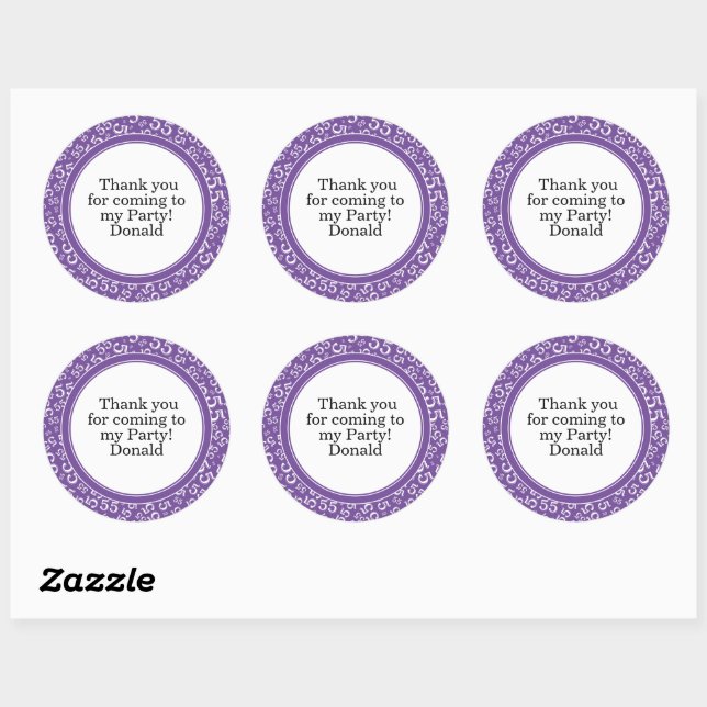  Your Text 55th Random Number Pattern Purple/White Classic Round Sticker (Sheet)