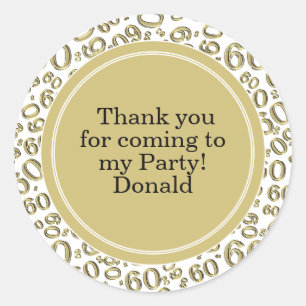 Your Text 60th Random Number Pattern Gold/White Classic Round Sticker