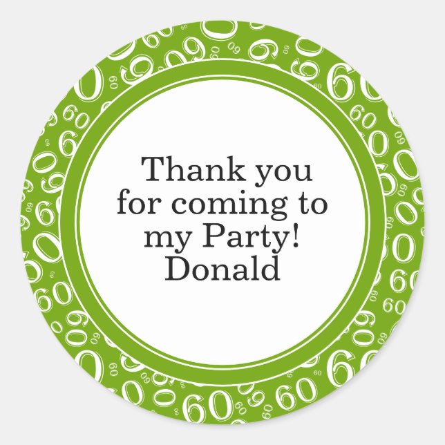  Your Text 60th Random Number Pattern Green/White Classic Round Sticker (Front)