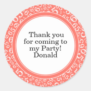 Your Text 65th Random Number Pattern Coral/White Classic Round Sticker