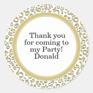 Your Text 65th Random Number Pattern Gold/White Classic Round Sticker