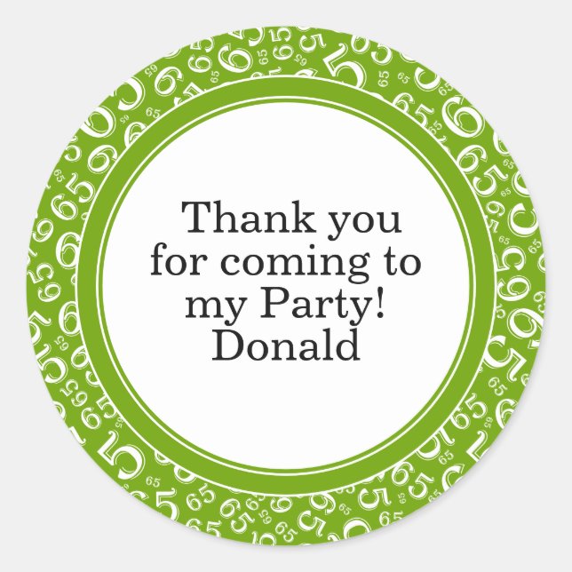  Your Text 65th Random Number Pattern Green/White Classic Round Sticker (Front)