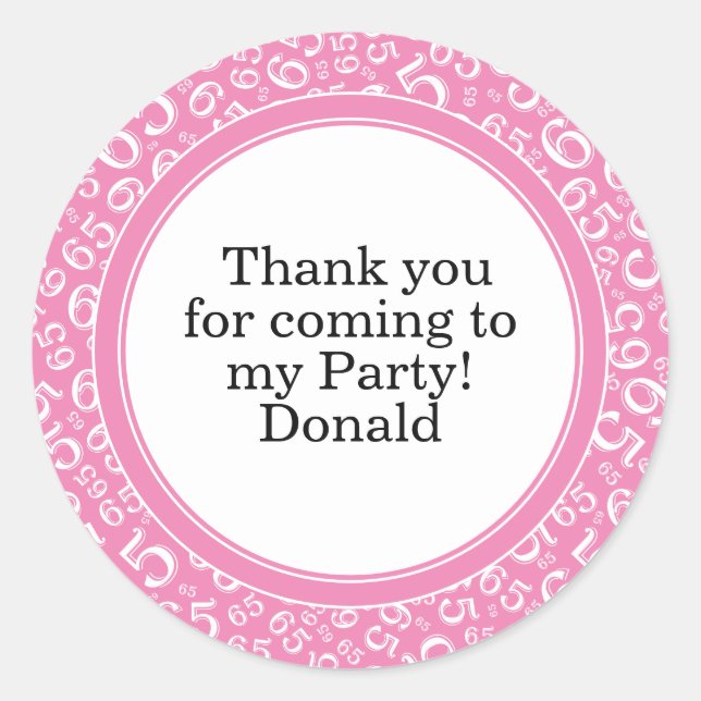  Your Text 65th Random Number Pattern Pink/White Classic Round Sticker (Front)