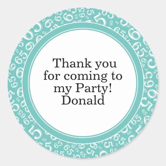  Your Text 65th Random Number Pattern Teal/White Classic Round Sticker (Front)