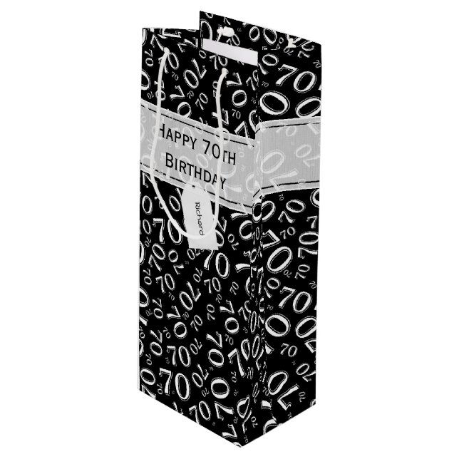 Your text: 70th Birthday Black/White Number 70 Wine Gift Bag (Front Angled)