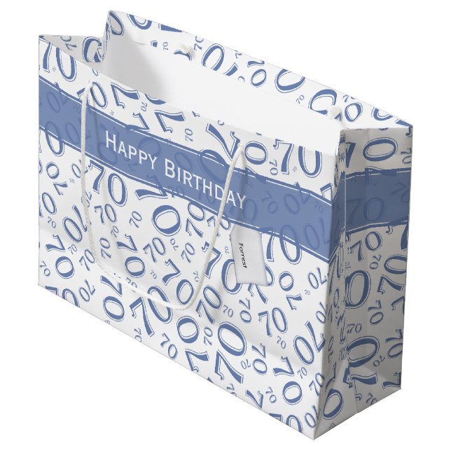 Your text: 70th Birthday Blue Number 70 Pattern Large Gift Bag (Front Angled)