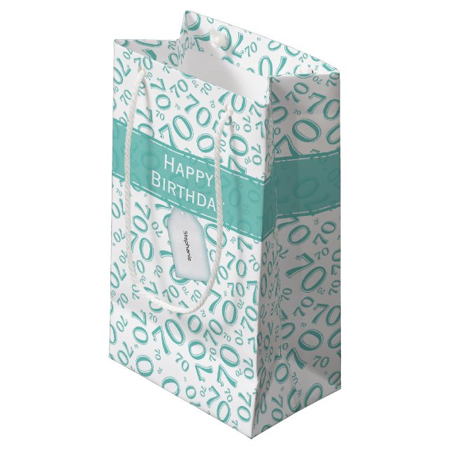 Your text: 70th Birthday Teal Number 70 Pattern Small Gift Bag (Front Angled)