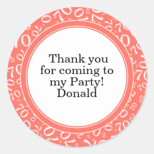 Your Text 70th Random Number Pattern Coral/White Classic Round Sticker