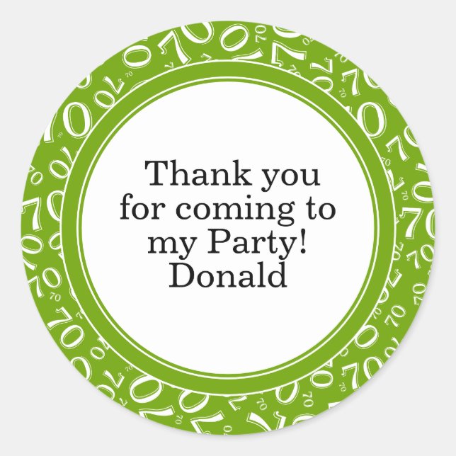  Your Text 70th Random Number Pattern Green/White Classic Round Sticker (Front)