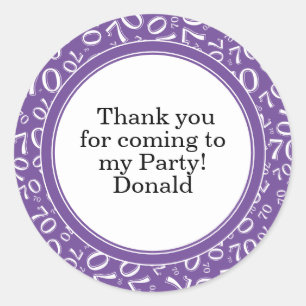 Your Text 70th Random Number Pattern Purple/White Classic Round Sticker