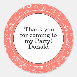 Your Text 75th Random Number Pattern Coral/White Classic Round Sticker
