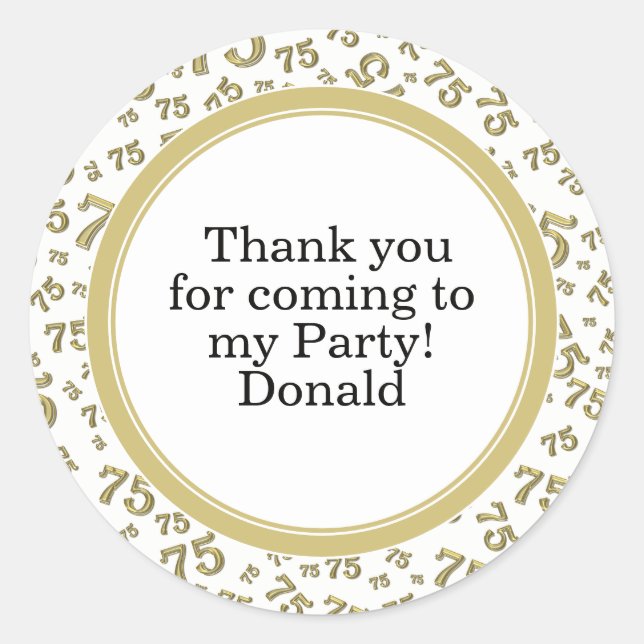  Your Text 75th Random Number Pattern Gold/White Classic Round Sticker (Front)