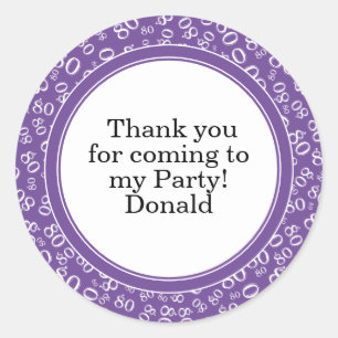 Your Text 80th Random Number Pattern Purple/White Classic Round Sticker