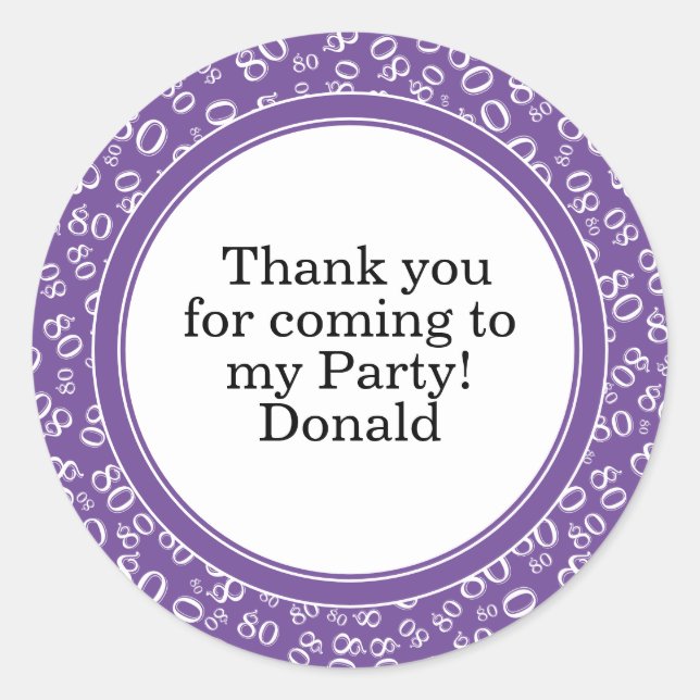  Your Text 80th Random Number Pattern Purple/White Classic Round Sticker (Front)