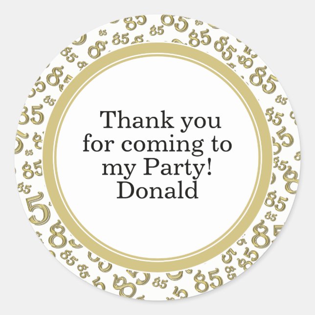  Your Text 85th Random Number Pattern Gold/White Classic Round Sticker (Front)